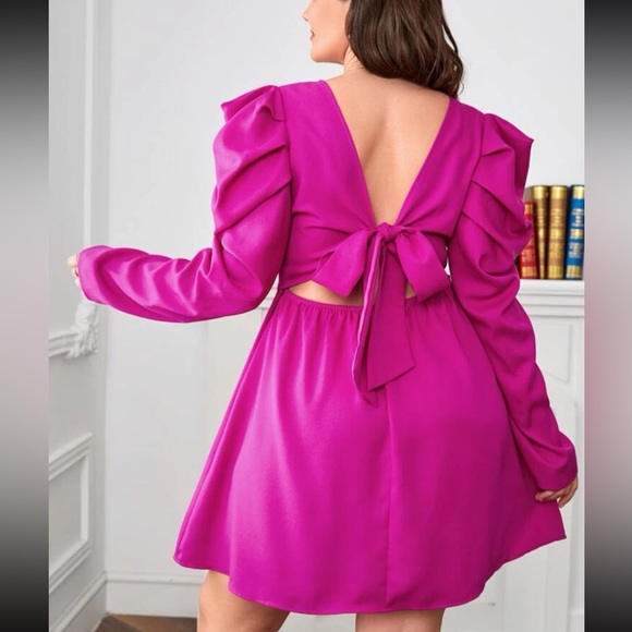 Dresses & Skirts - Plus Size Tie Back Puff Long Sleeve Dress